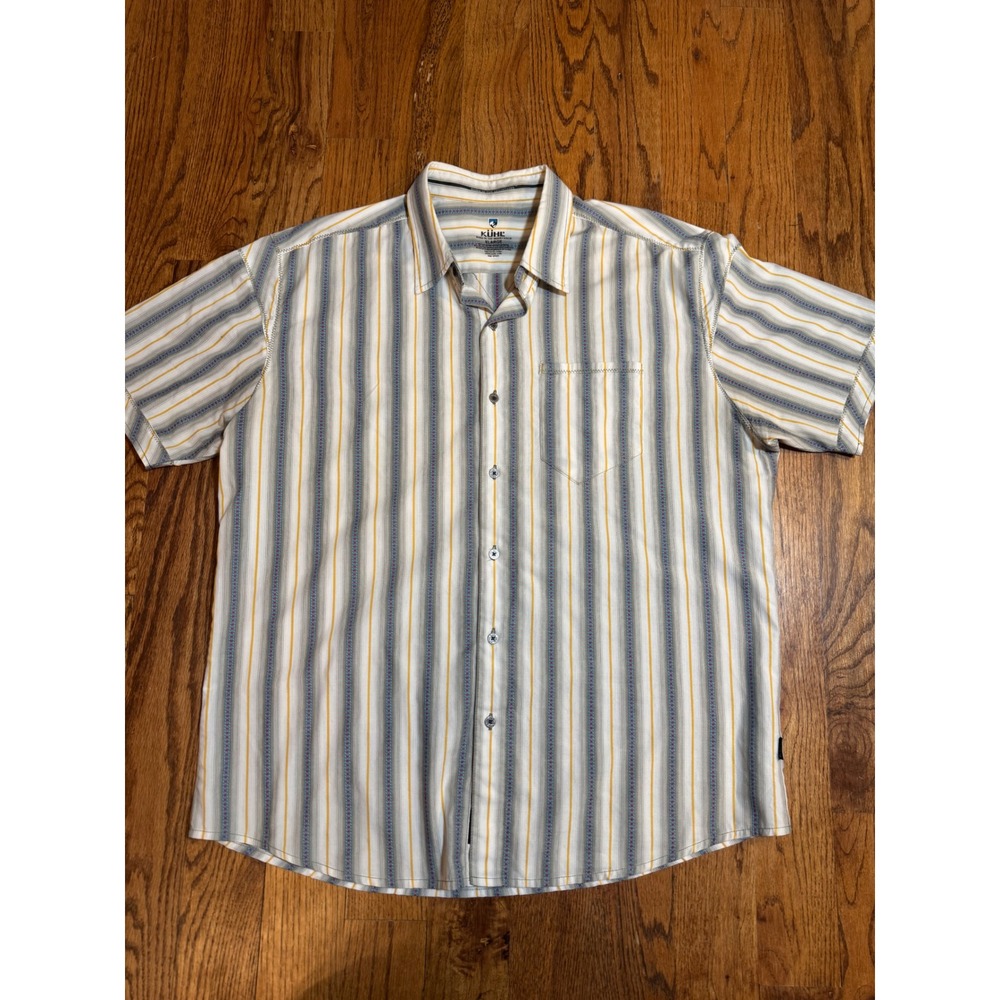 Kuhl Mens Short Sleeve Button Down Shirt Striped Outdoor Hiking Blue‎ Yellow XL